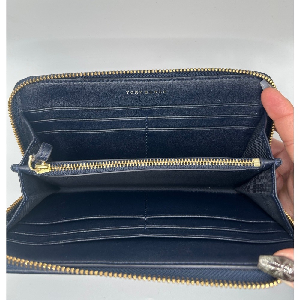 Tory Burch Gemini Link Zip Around Continental Wallet Navy Blue Red Stripe #470 - Picture 4 of 4